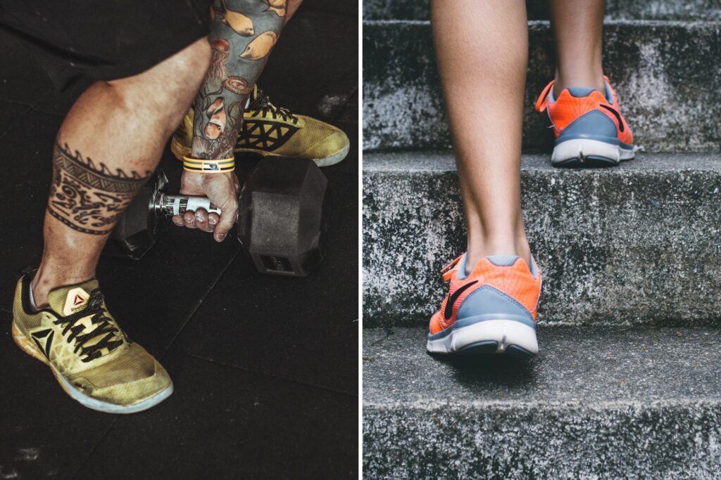 A lifter lifting a dumbbell and a person running up stairs - Cross-training shoes vs running shoes